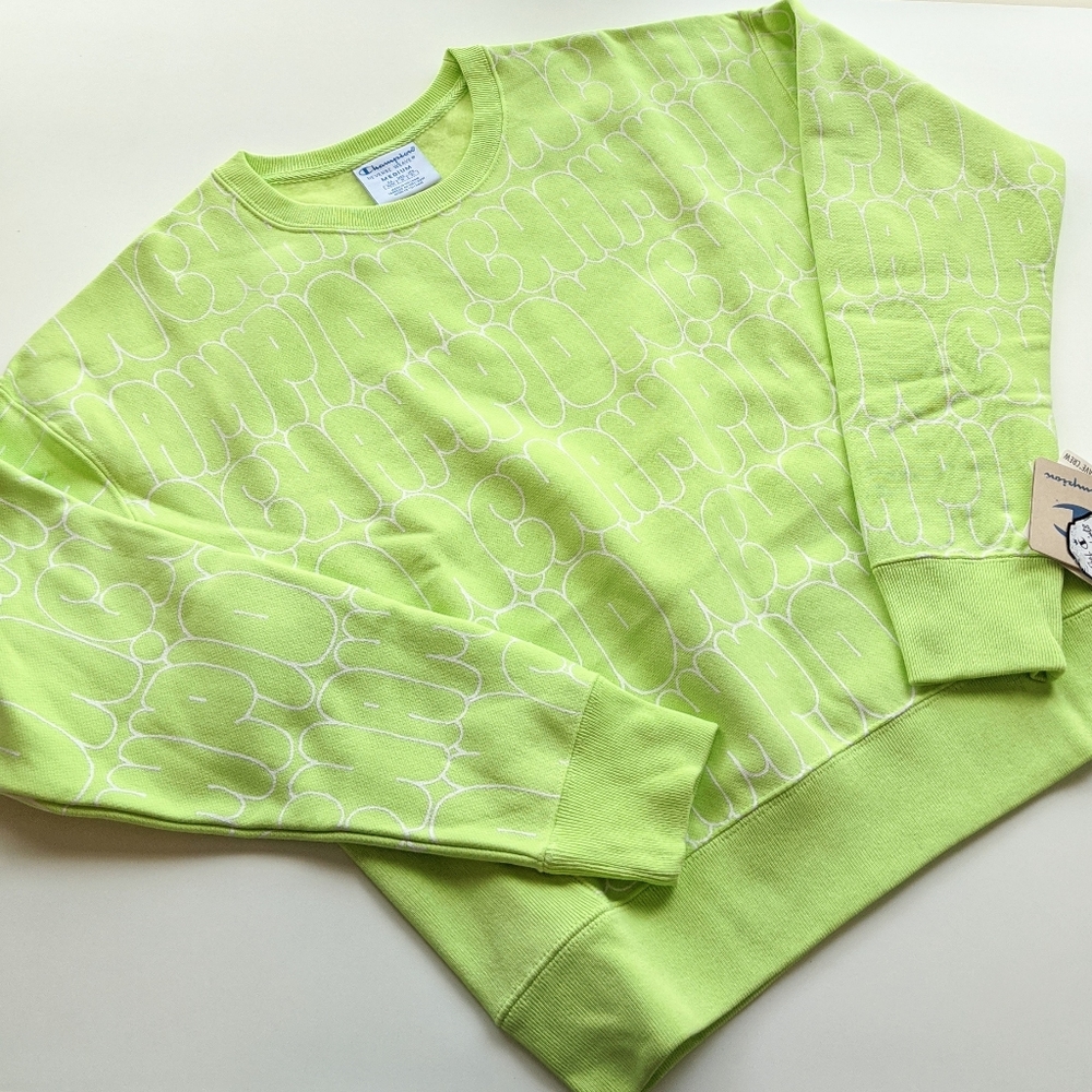 Champion Reverse Weave Allover Print Lime Green Sweatshirt Women's Medium - Picture 2 of 4